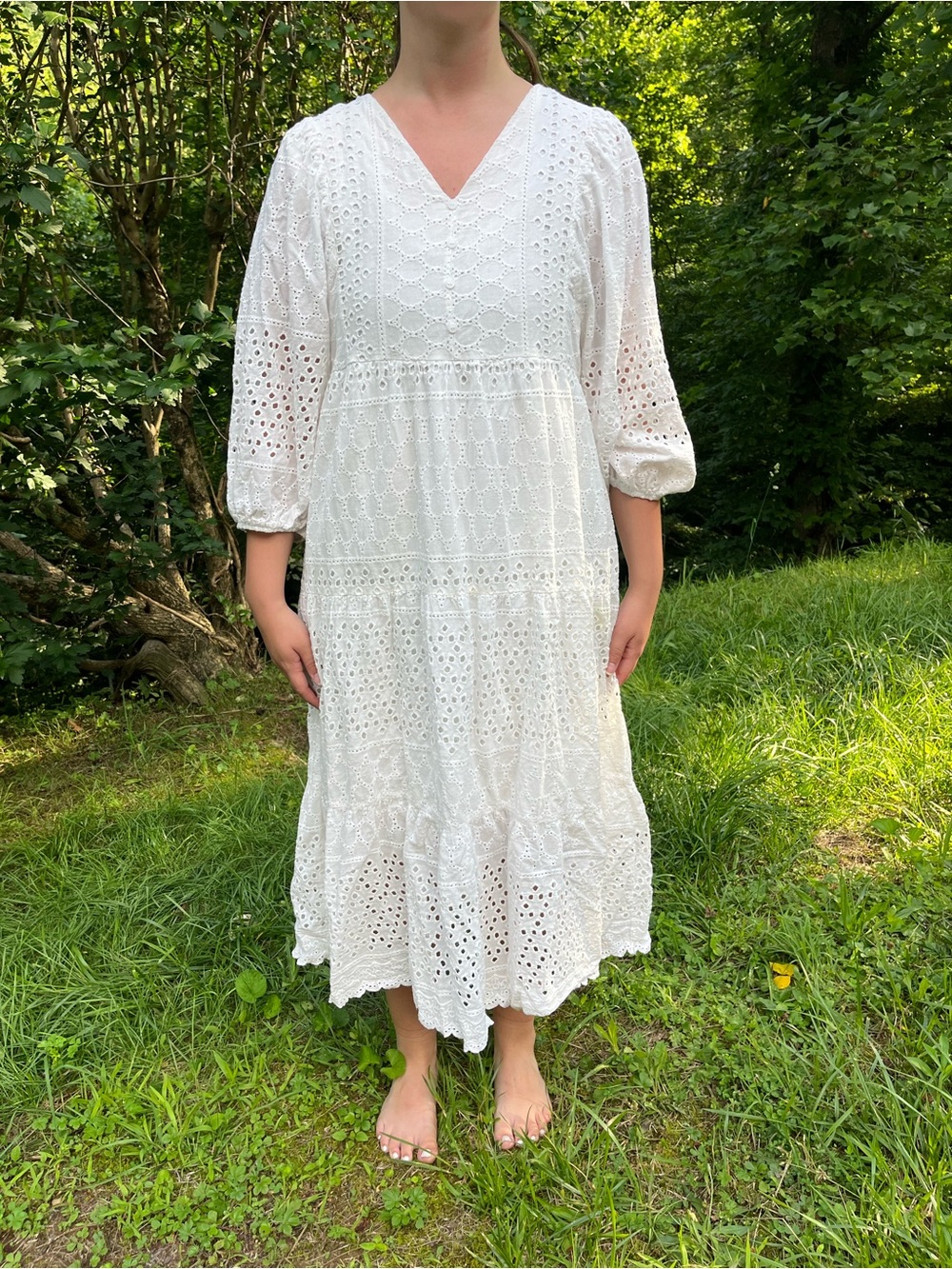 White Eyelet Midi Dress with V-Neck